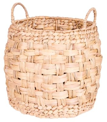 Laundry Basket with Handles Woven Water Hyacinth Round Linen Bin (Small) | Seagrass, Hand Woven, Sustainably Sourced, Hallway, Bedroom, Bathroom, Wash Basket, Storage Accessory