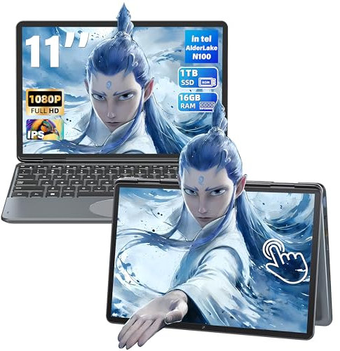 Fsjun 11 2-in-1 Touchscreen Laptop for Business & Students, 12th Gen N100 (up to 3.4 GHz), 16GB RAM 1TB SSD, FHD 1920x1200 IPS Display, Backlit KB, WiFi, Type-C, Mini-HDMI, Face Unlock Notebook PC