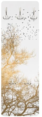 Wandgarderobe inkl. 5 Haken Wald Bäume platzsparendes Design - Made in Germany - Baum Kunstdruck Flurgarderobe gold schmal Garderobenpaneel 2933