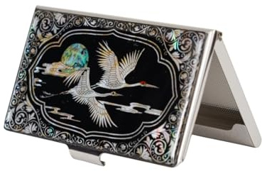 February Mountain Mother of Pearl visitkortsfodral – Koreas traditionella presenter, smal metallhållare för företag och kreditkort, handväska i fickstorlek, RFID-blockerande skydd, flerfärgad, Trana i