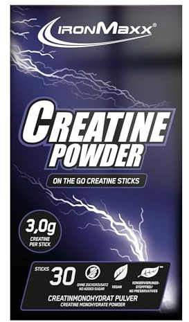 IronMaxx Creatine Powder - 30x3.4g Sticks Neutral | Hochdosiertes Creatin Pulver mit 3 g Creatin pro Portion | Zuckerfrei & ohne Zusatzstoffe | Für Schnellkrafttraining