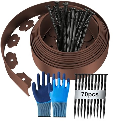 Flexible Rasenkante aus Kunststoff, 15m (L) x 5cm(H) Rasenkante Kunststoff, Rasenkanten Höhe Beeteinfassung Rasenbleche Mähkante Palisade, mit 70 Befestigungsnägel + Handschuhe x 1Paar - Braun