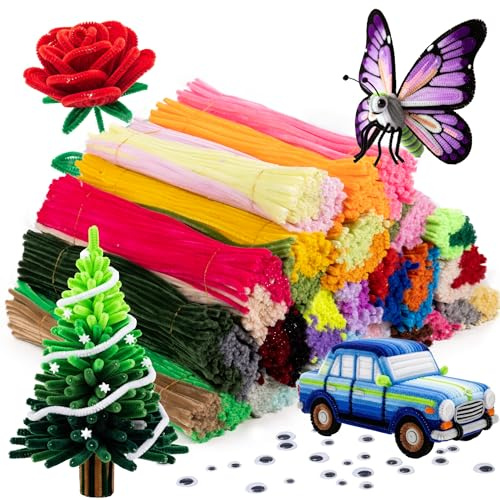 Caydo Pfeifenreiniger, 40 verschiedene farbige Chenille-Stiele mit 100 Stück Wackelaugen für Kunst und Handwerk, Bastelbedarf für Kinder (6 mm x 30,5 cm), 1000 Stück