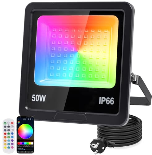 Indmird RGB LED Strahler 50W, RGB Strahler mit 360° Fernbedienung | Rgb Strahler Outdoor mit Bluetooth APP IP66 Wasserdicht Rgb Flutlicht Smart Partylicht für Bühne Feiern Garten Halloween