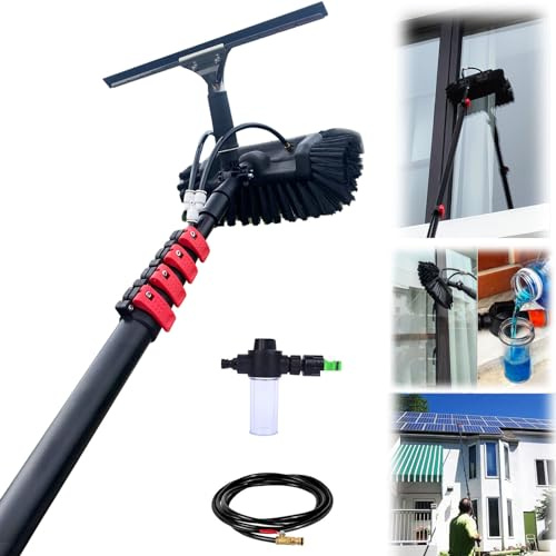 Kit de nettoyage de fenêtre télescopique avec tuyau d'arrosage – Brosse extensible de 3,6 à 10,8 m pour le nettoyage des panneaux solaires et du toit de véranda, parfait pour un entretien extérieur