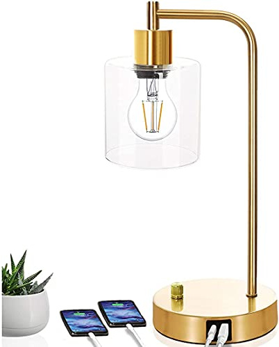 Dimmable Industrial Table Lamp with USB Ports Vintage Glass Shade & Metal Base Perfect for Bedroom Living Room Office Desk Nightstand Lighting