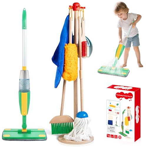HELLOWOOD Kids Cleaning Set with Spray Mop, Toy Cleaning Set for Toddlers | Real Water Sprayer, Kids Dustpan and Brush Set, Pretend Play Housekeeping Set for Boys Girls Age 3+, Birthday Christmas Gift