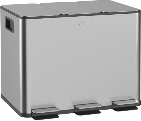 HOMCOM Cubo de basura de cocina de 3 x 20 L con pedal y tapa de cierre suave y sistema de separación de basura con pedal de 3 compartimentos, incluye cubo interior, acero inoxidable, plata, 61,9 x
