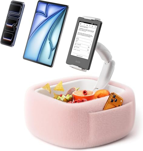 LULULOOK Kindle Halterung Kissen, 360° Verstellbarer Tablet Ständer mit Memory Schaum, 2 Taschen & Abnehmbarer Snackschale, Universal Kindle Zubehör für 4.7–16 Zoll Geräte (Pink)