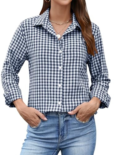 Rapbin Blusa de manga larga para mujer, camisa monocolor, elegante, a rayas, informal, ropa de negocios, blusa holgada, blusa de algodón, túnica, camisa, tops, Azul Marino Cuadros, XL