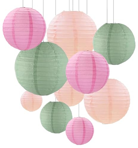 ZYOOO 10pcs Paper Lanterns,10/15/20/25cm Round Hanging Paper Lanterns Decoration for Boho Birthday Party,Wedding,Graduations,Summer Garden Decoration(Sage Green Pink)