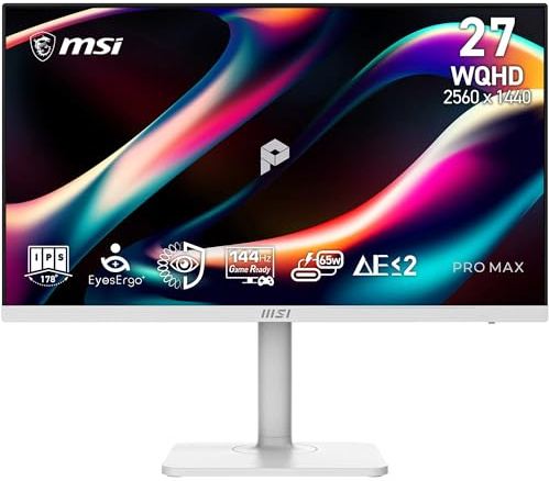 MSI PRO MAX 271QPHW E14 27-Inch WQHD 2560x1440 Computer Monitor, IPS, 144Hz,Circular Polarizer, EyesErgo M-Mate APP, Built-in Speaker, HDMI 2.0b, DP 1.2a, USB C (65W PD), Anti-Glare, KVM, Black
