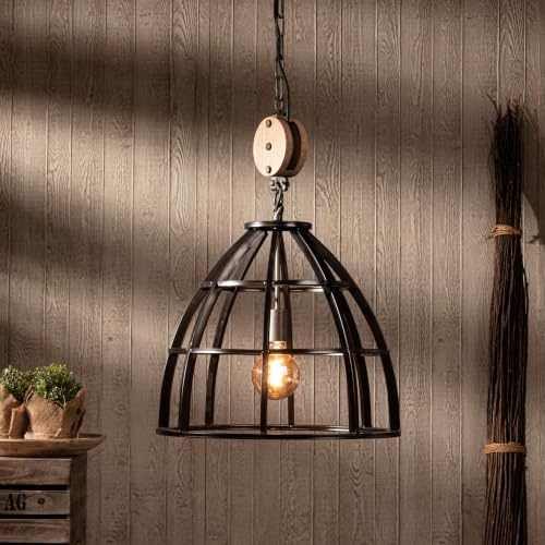 Lightbox Industrial Hängelampe - kürzbare Pendelleuchte im Castledesign - | Industrial Hängelampe - kürzbare Pendelleuchte im Castledesign - Metall/Holz Schwarz/Antik - 47cm Durchmesser
