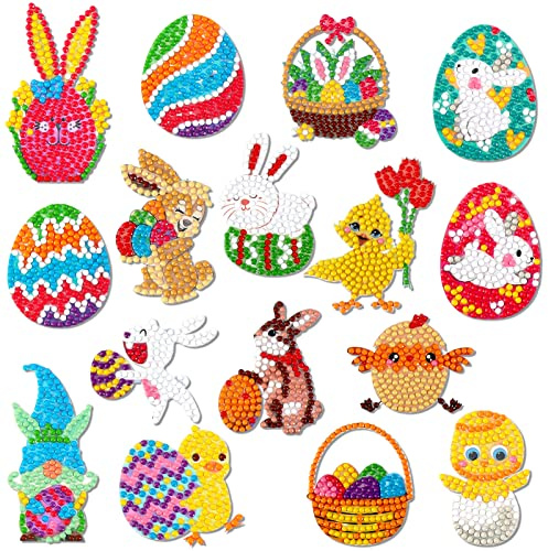 DPKOW 16 Stück 5D Diamond Painting Ostern Basteln Kinder, Hase Osterei Diamond Painting Kinder Bastelset Ostern Kleine Ostergeschenke