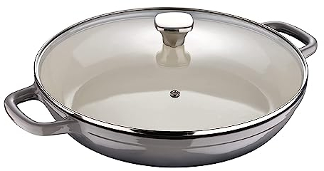 MasterPro - Enamel Induction Cast Iron Shallow Casserole, Grey 3.3L - Professional Quality Casserole with Glass Lid, Enamel Coating, Ovenproof