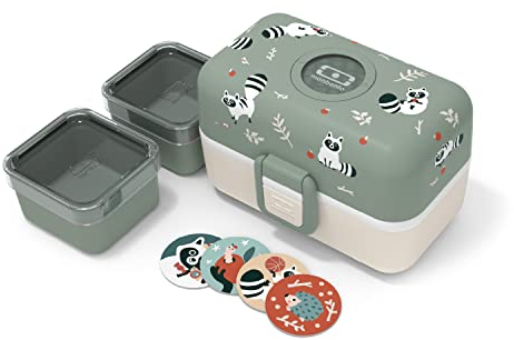 monbento - Kinder Lunchbox MB Tresor Raccoon - Waschbär - Bento Box mit 3 Fächer - Ideal für Mittagessen oder Snacks in der Schule/Park - BPA Frei - Lebensmittelecht - Grün