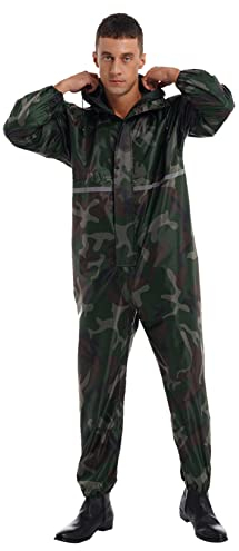 Runhomal Herren Regenanzug Wasserdichte Jumpsuit Langarm Regenoverall Regenkombi Reflektierende Regenmantel Overall mit Kapuze Reißverschluss Raincoat Camouflage XXL