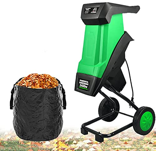 Biotrituratore da Giardino con Ruote, Cippatrice Elettrica per Legno da 2400 W con Sacco di Raccolta da 50 Litri, Diametro di Taglio da 1,7 Pollici, Trituratore per Rami di Foglie, Cippatrice + Filo