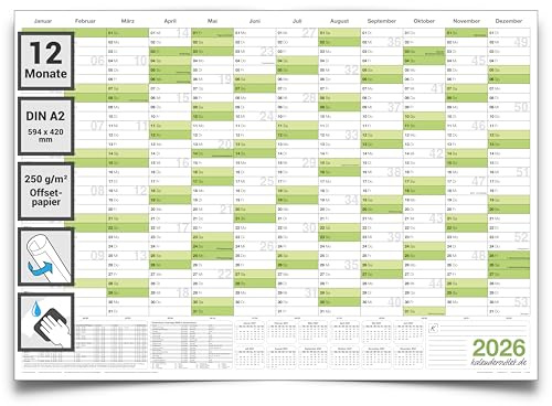 Kalender DIN A2 abwischbarer Wandkalender 2026 gerollt 59,4x42,0 cm groß. Wandplaner ist feucht korrigierbar, Jahresplaner in deutscher Sprache von Kalenderoutlet