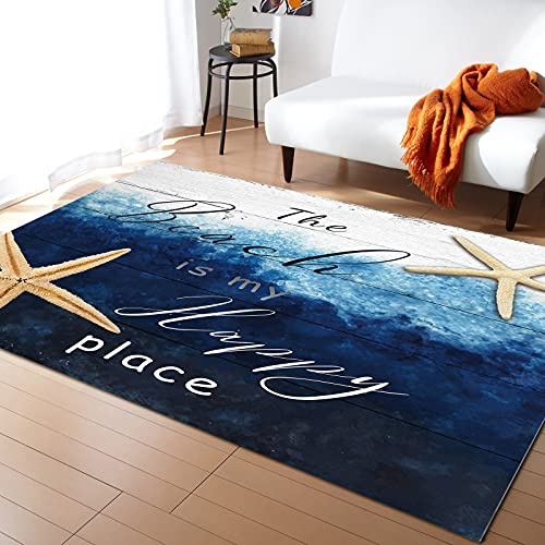 Alfombras De Estar Acuarela Azul Oscuro Blanco Ombre Estrella De Mar con Textos Atrapar Suciedad Alfombra De Piso Duradero,Fácil Limpieza Alfombra Entrada para Decorativa Oficina 120X160Cm