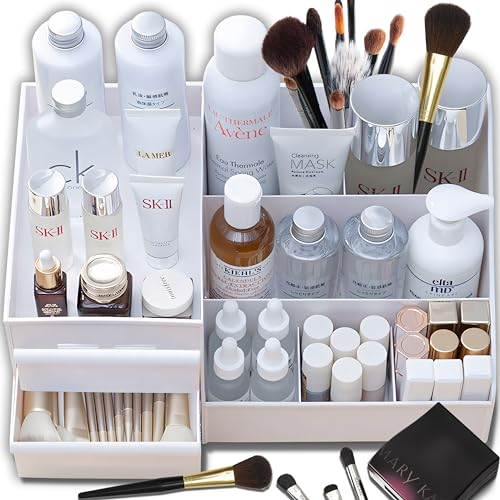 Retoo Organisateur de maquillage - Boîte de rangement à 2 tiroirs - Pour chambre à coucher, salle de bain - 27 x 16 x 11,5 cm - Blanc