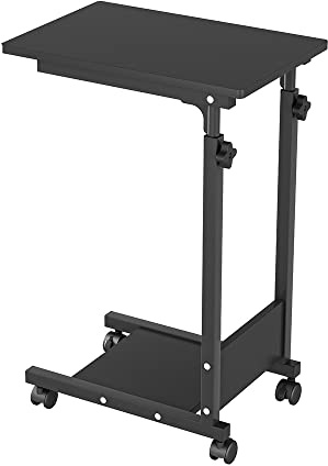Laptoptisch Höhenverstellbar, Beistelltisch mit Rollen, Schreibtisch aus MDF, Stahlrahmen, Sofatisch C-Form, Nachttisch Kaffeetisch Schlafzimmer, Wohnzimmer, Laptoptisch für Couch und Bett (Schwarz)