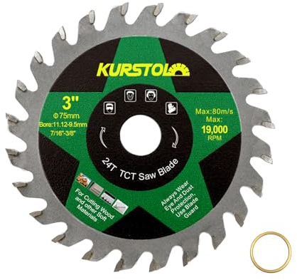 KURSTOL Hartmetall Trennscheibe für Holz - 75mm TCT Scheiben für Holz Kunststoff Sperrholz Spanplatten Mehrschichtplatten mit 11,12mm Bohrung, 11,12/9,5mm Unterlegscheibe