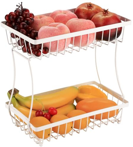 IBWell Cesta grande de frutas de 2 niveles para cesta de cocina para pan, aperitivos, frutas, verduras, organizador de encimera de cocina blanco y soporte de almacenamiento para encimera de cocina