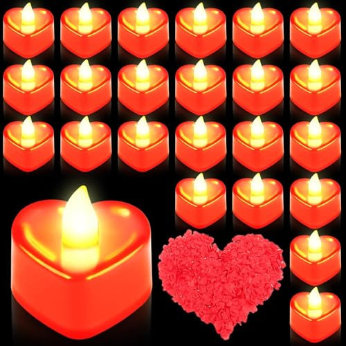 GOMETY Lot de 24 bougies chauffe-plat LED cœur, 1000 pétales rose artificiels, 24 bougies chauffe-plat LED cœur sans flamme, mariage Saint-Valentin demande
