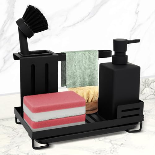 ZephyrCraft Spülbecken Organizer, Schwarzer Küchenorganizer für Küchenutensilien, Waschbecken Organizer mit Abtropfschale, Aufbewahrung für Schwämme, Bürsten und Seifenspender