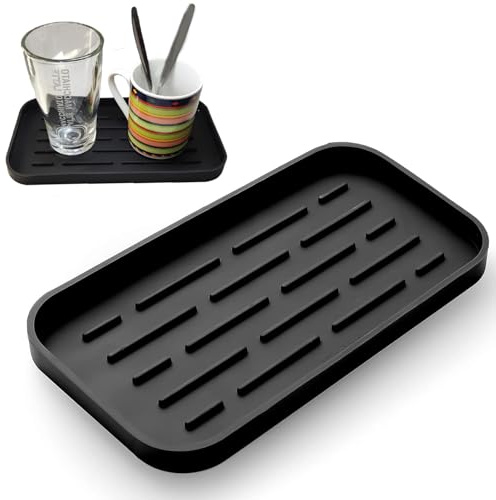 HSYTEK Abtropfmatte Schwarz 25x13x1.8cm Ablaufwanne aus Silikon, Barmatte Kaffee Tampermatte,Silikon Unterlage, rutschfest Napfunterlage, Seifenhalter für die Spüle Schnell Trocknend