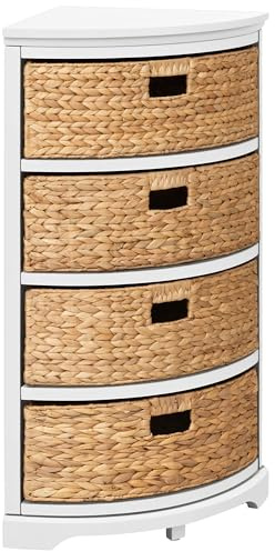 eHemco Hampton Meadows 4 Tier X-Side Corner Table Storage Cabinet with 4 Wicker Baskets, White