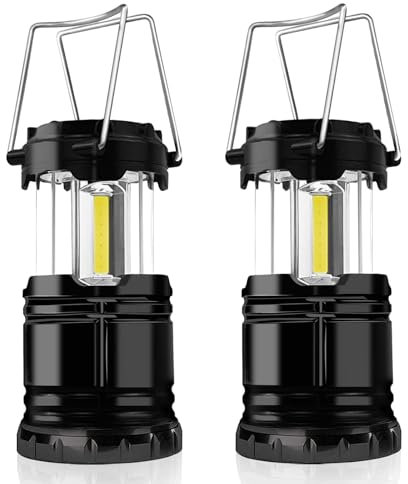 Luces de camping, 2 linternas LED portátiles a pilas con gancho plegable, impermeables, para emergencias, senderismo y acampada, color negro