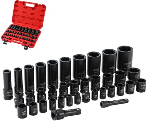 KATSU Tools Schlagschrauber-Steckschlüsselsatz 37-tlg. – 1/2″ & 3/8″, 6-kant, Zoll & metrisch 1/2″-1-1/4″ & 10-24 mm, Verlängerungen, Koffer