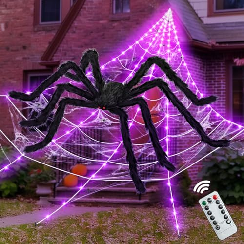 ININ 200 Halloween Light Up Spider Web with 250 LED Lights,Halloween Decorations Outdoor/Indoor,Scary Party Decorations with 59 Giant Spider & 20g Stretch Cobweb,for Yard/Lawn/Garden(Purple)
