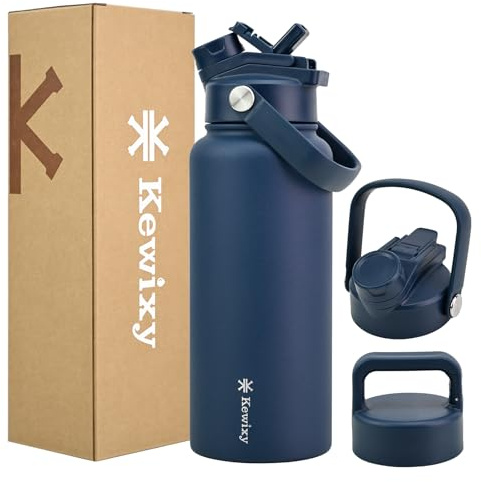 KEWIXY 32 oz Insulated Water Bottle, 2-in-1 Lid, Straw & Spout with Protected, Leak Proof, Keep Cold, Stainless Steel, Metal, Reusable, Handle, for Outdoor, Gym and School, 2 Lids, Denim Blue