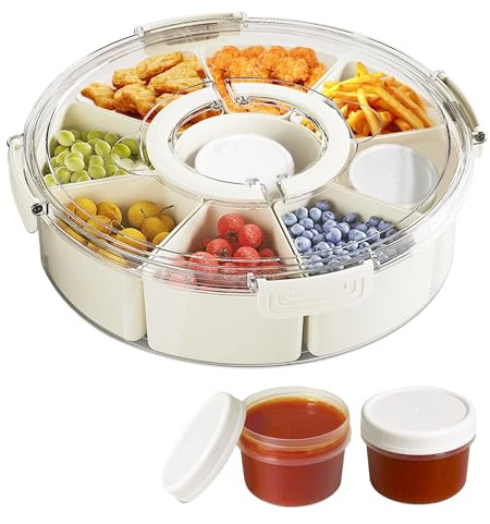 Smasener Snack Box mit Fächern, Snack-Tablett mit Deckel und Griff, 12In mit 9 Fächern mit 2 Dressing-Behälter, Geteilte Servierschale für Süßigkeiten, Obst und Leckereien, Tragbare Snack Box - Rund
