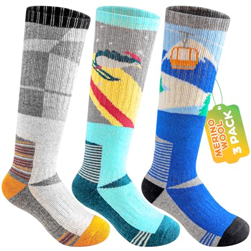SockWaddles 3 Pairs Kids Merino Wool Ski Socks, Thermal Winter Cushioned Knee High Socks for Boys Girls, Cozy, Seamless, Anti-Blister, Thick Socks for Hiking, Skiing & Snowboarding