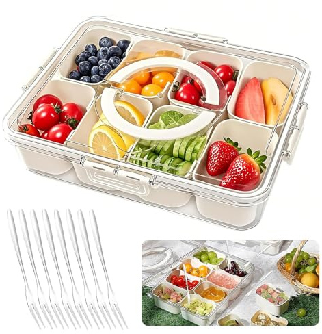 TOPRUNYI Snackslåda med fack, picknicklåda med 8 fack, bärbar snackskål med lock och handtag, för grönsaker nötter frukt picknick familjeträff, okrossbart serveringsset