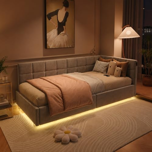 QMTXBYJ Polsterbett Kinderbett 90x200,Jugendbett 90x200 mit Hydraulischer Stauraum,Einzelbett Multifunktionsbett mit LED-Beleuchtung und USB-Aufladung,Bettgestell mit Lattenrost,Ohne Matratze,Flanell