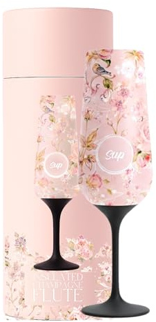 SUP Insulated Champagne Flute with Stem, Stainless Steel Champagne Glass & Prosecco Tumbler, 250ml Capacity - Flowers