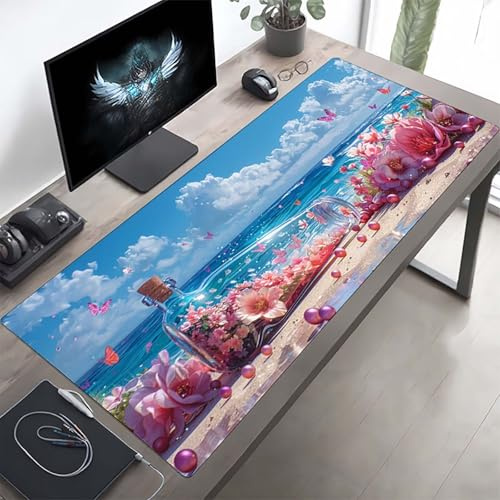 Gaming Mauspad 1600x800x3 mm Gaming Mousepad XXL Blume Rosa Mauspad Schreibtischauflage, Genähte Kanten Mausmat, rutschfeste Gummibasis, Schreibtisch Schutz für Home Büro, Geschenke PjY9470 Y-P