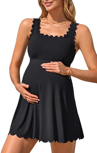 Charmo Maternity Swimsuit Ribbed Scalloped Square Neck Pregnancy Bathing Suit Built in Briefs Modest Swimdress 2026 Black L