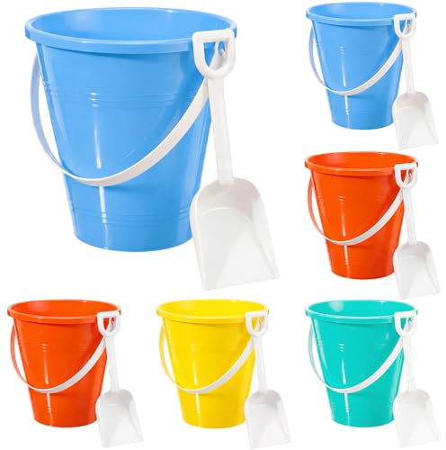 Teyva Daily 6 Sets Sand Buckets and Shovels for Kids Bulk, Plastic Sand Buckets Party Favors, Summer Pails Toys for Girls and Boys (7.5 Inch)