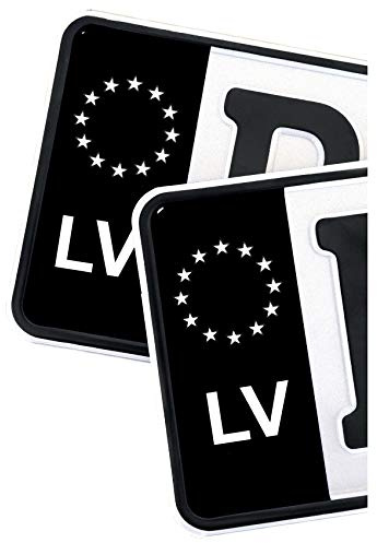 2 x Kennzeichen Sticker passgenau für EU Feld 11x5cm Design Aufkleber für Nummernschild Folie KFZ Schwarz oder mit Fahne waschstraßenfest R059 (12 Lettland, Classic)