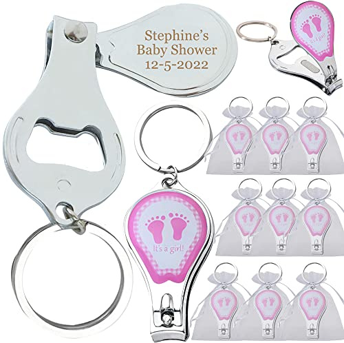 Personalized Baby Shower (12 PCS) Pink Girl Keychain Favors/Nail Clipper and Bottle Opener/Custom Laser Engraving Gift (Footprint)