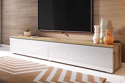 Selsey - TV-Lowboard KANE in Wotan Eiche/Weiß Hochglanz, hängend/stehend, modern, 2 Klappen, 180 cm