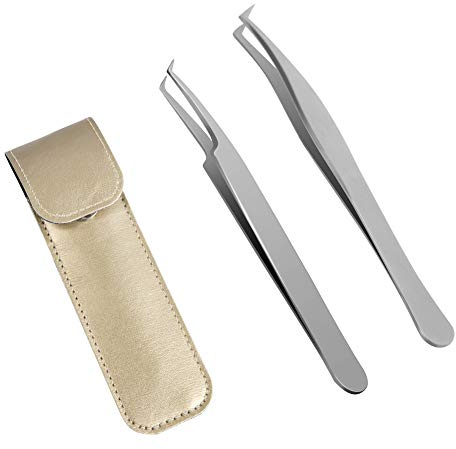 Lunamoon Wimpern Pinzette für Wimpernverlängerung - 2 Stück Gerade und gebogene spitzen Pinzette Professionelle Wimpern Pinzette Set (tweezers set04)