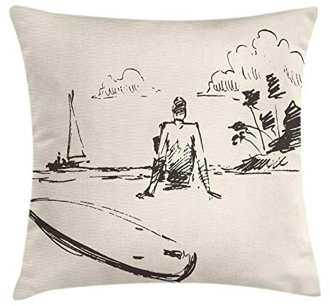 ABAKUHAUS Tabla de Surf Funda para Almohadón, El Hombre en la Playa de Ilustraciones, Estampa Digital en Ambos Lados con Cremallera, 40cm x 90cm, Cáscara de Huevo y Gris Pardo Oscuro