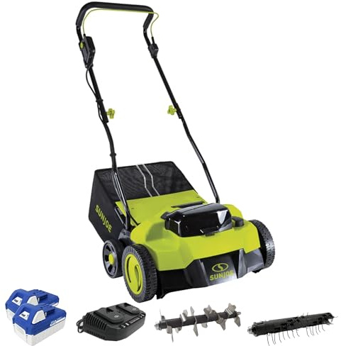 Sun Joe Cordless Scarifier & Dethatcher w/ 5 Depth Positions & 600W Brushless Motor, 15-Inch Cutting Width - Heavy-Duty Yard Trimmer, Lawn Maintenance, 24V-X2-DTS15